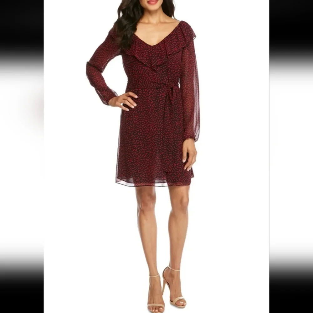 Michael Kors Red Leopard Print Ruffle Sheer Sleeve Dress Women's Size Large L - Picture 12 of 12